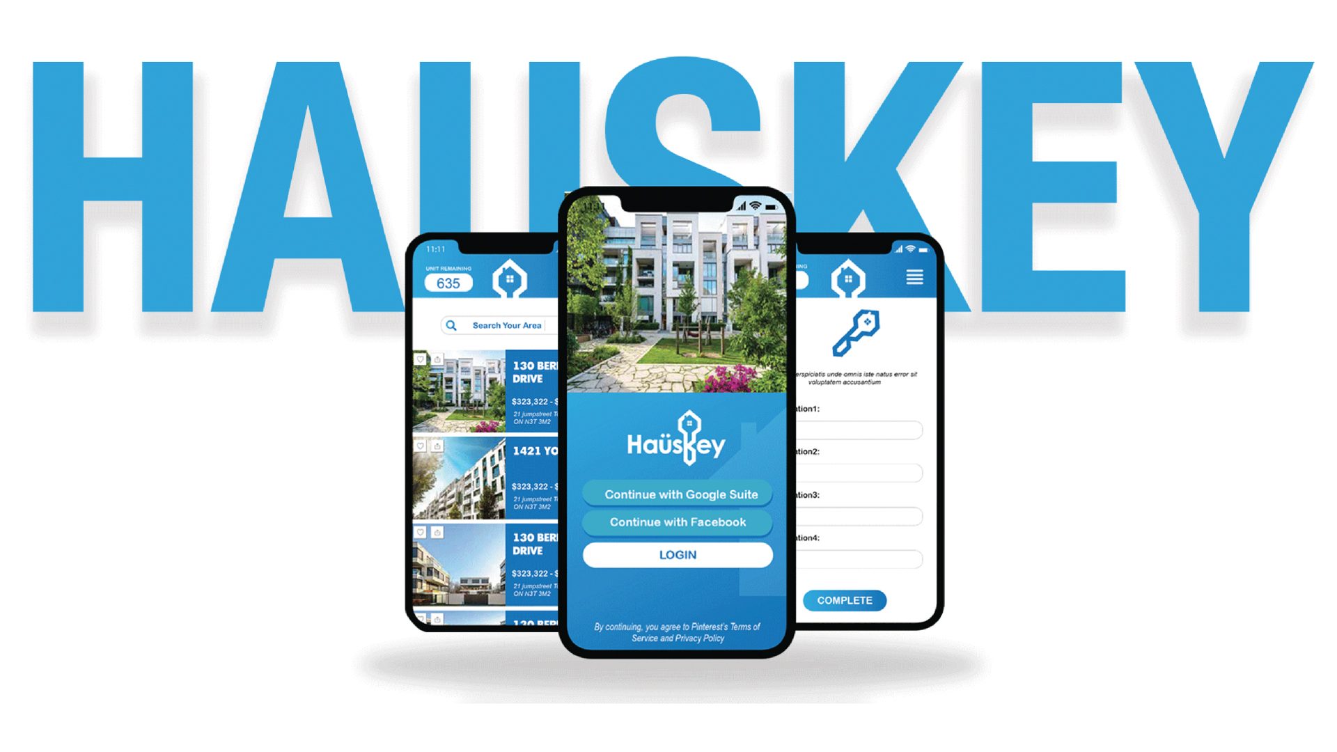 Haüskey app — property listings, login, and profile screens